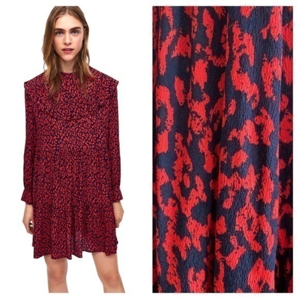 Zara Red and Black Leopard Print Ruffle Dress Small